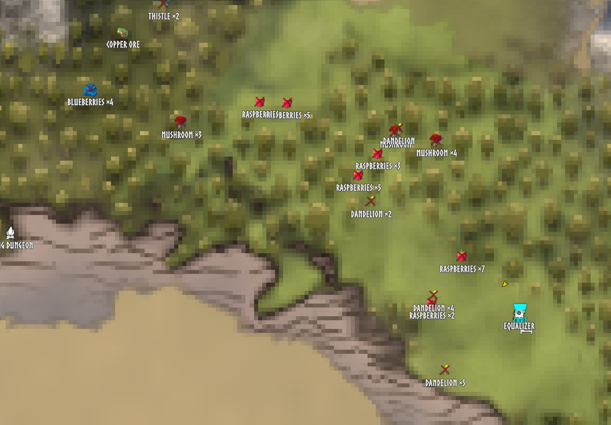 Copper deposits and dungeon entrances pinned on the large map