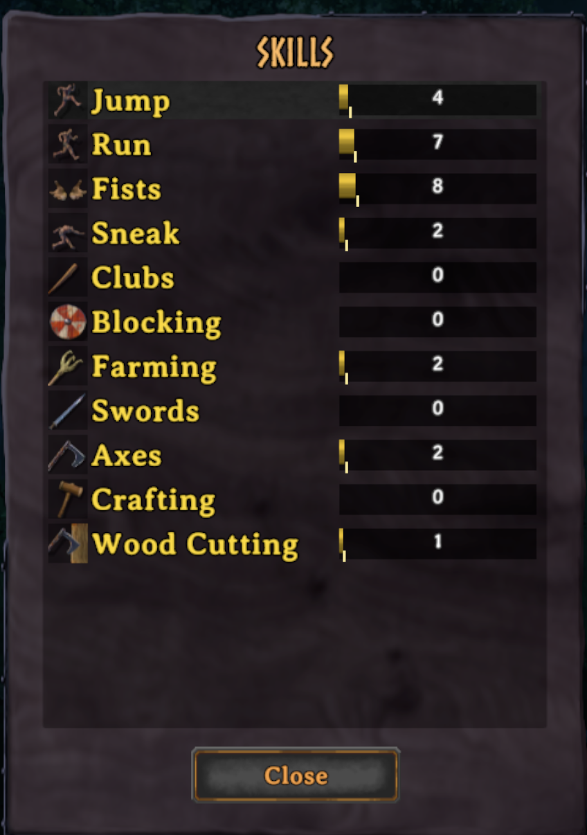 Skills menu with peak-level tick marks