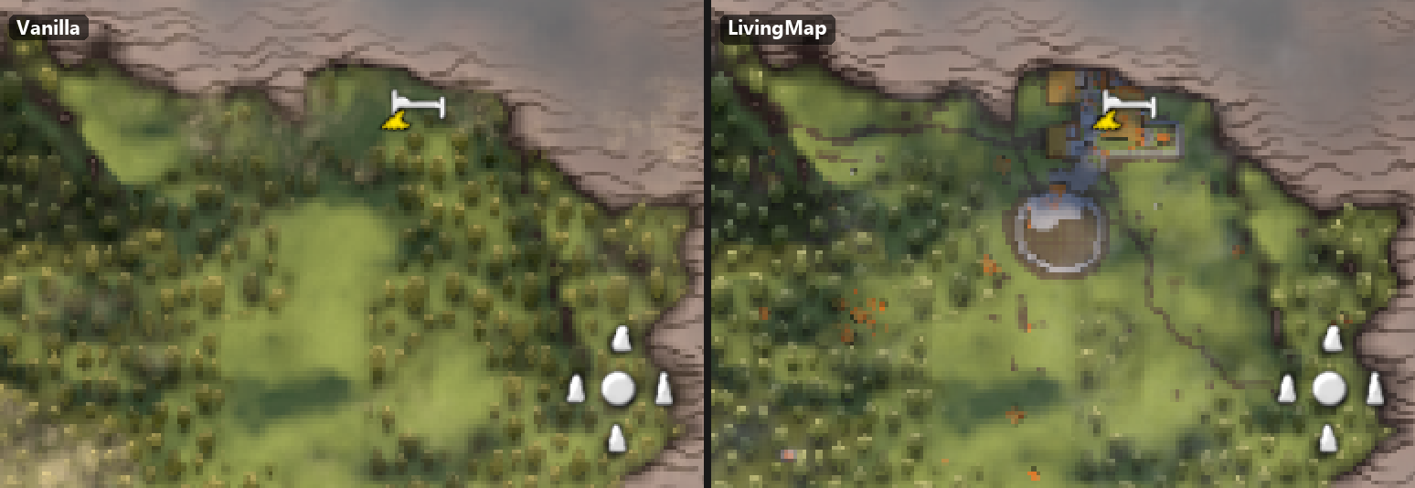 The big map: vanilla on the left, LivingMap on the right - the base, its paved circle, paths and the cleared forest around it