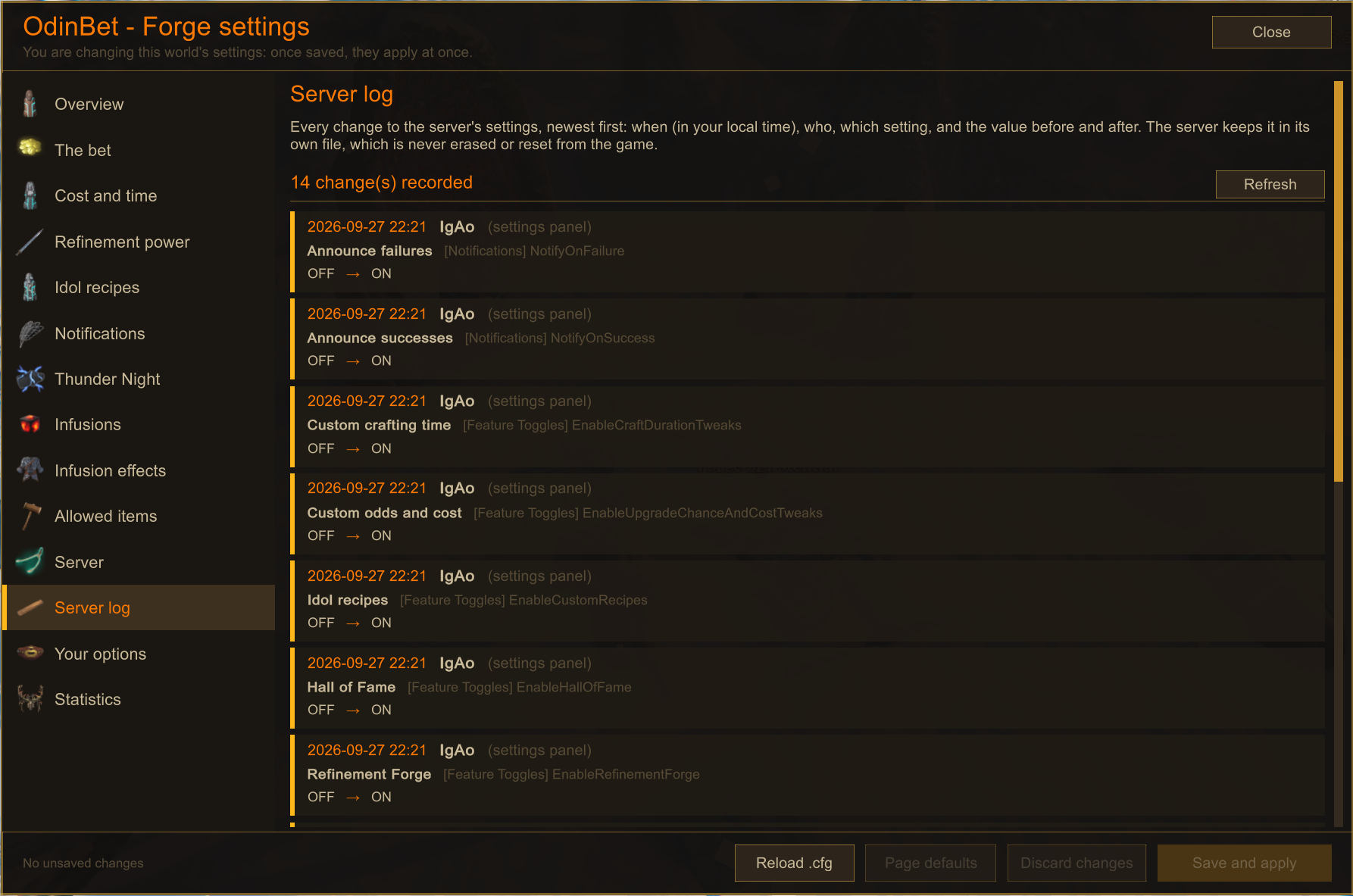 The Server log page of the settings panel