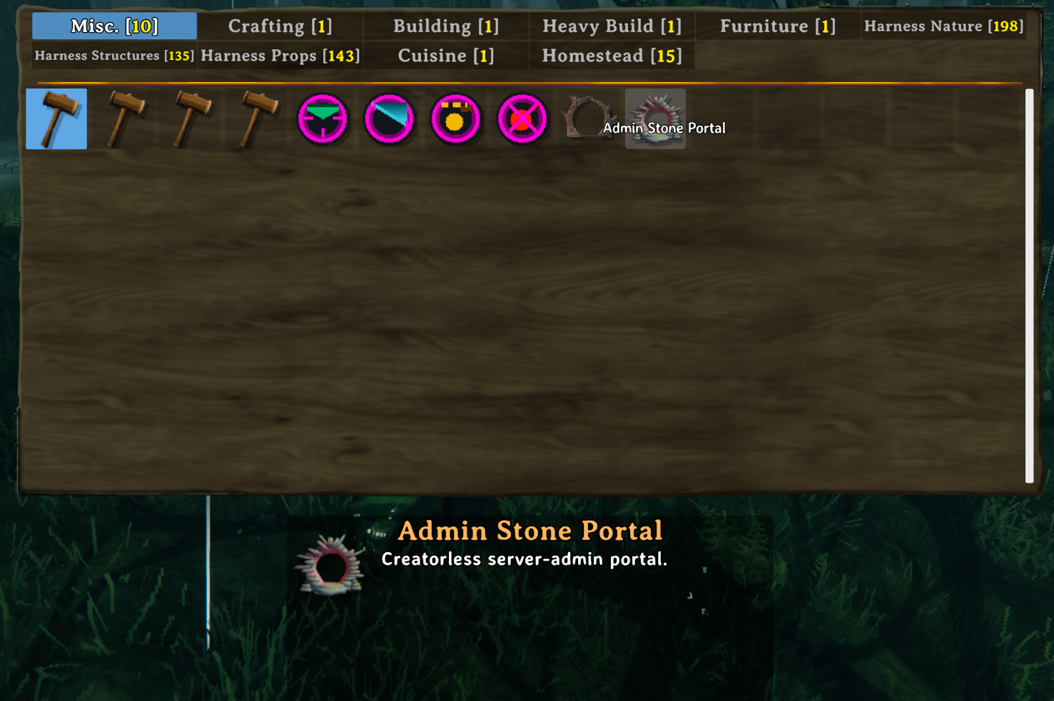 Admin portal pieces in the Hammer menu while using administrator debug mode
