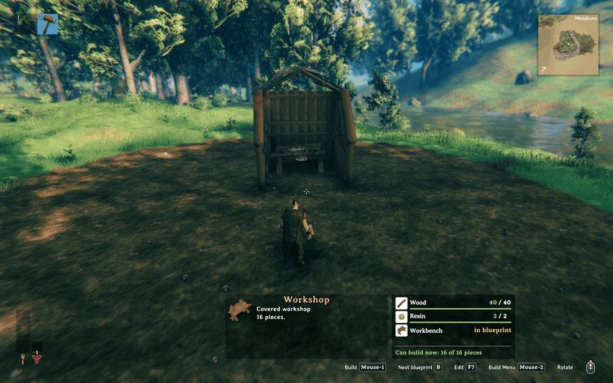Hammer menu: a wood wall shows 192/2 wood from nearby chests, then is placed