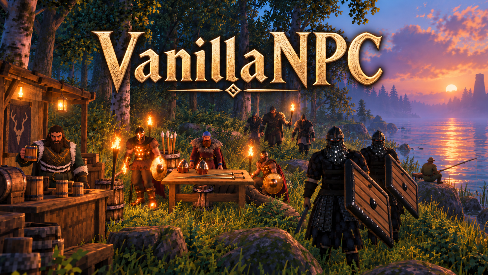 VanillaNPC: a tavern at dusk, guards with their shields and a lake at sunset