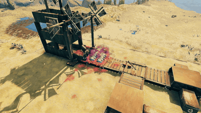 The whole farm: boars ride from the pen through the grinder, and the loot is sorted into chests