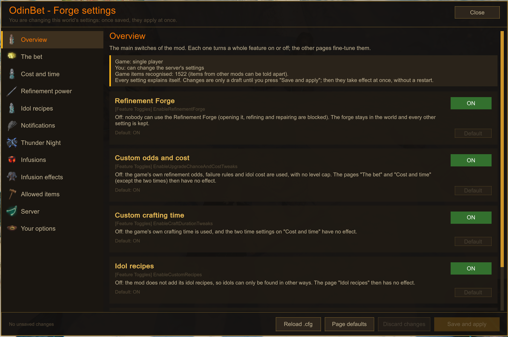 The in-game settings panel