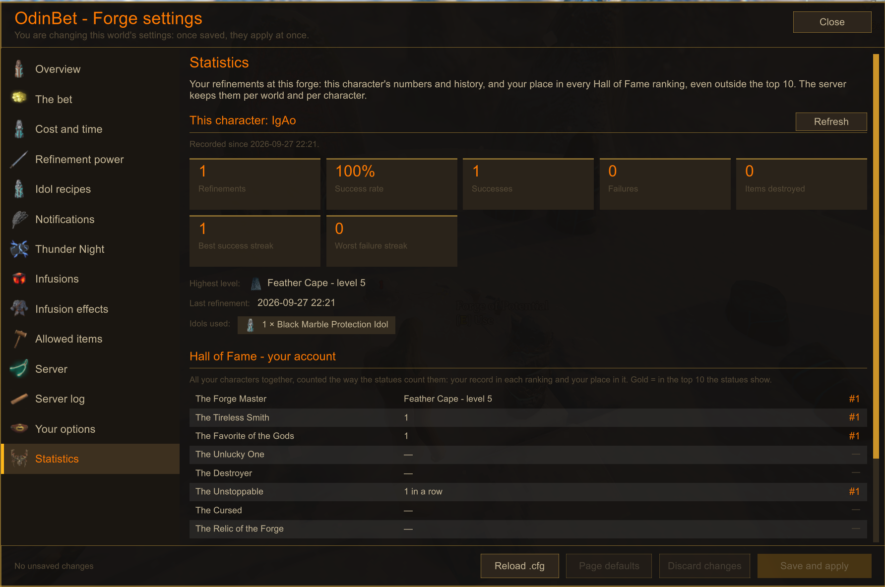 The Statistics page of the settings panel