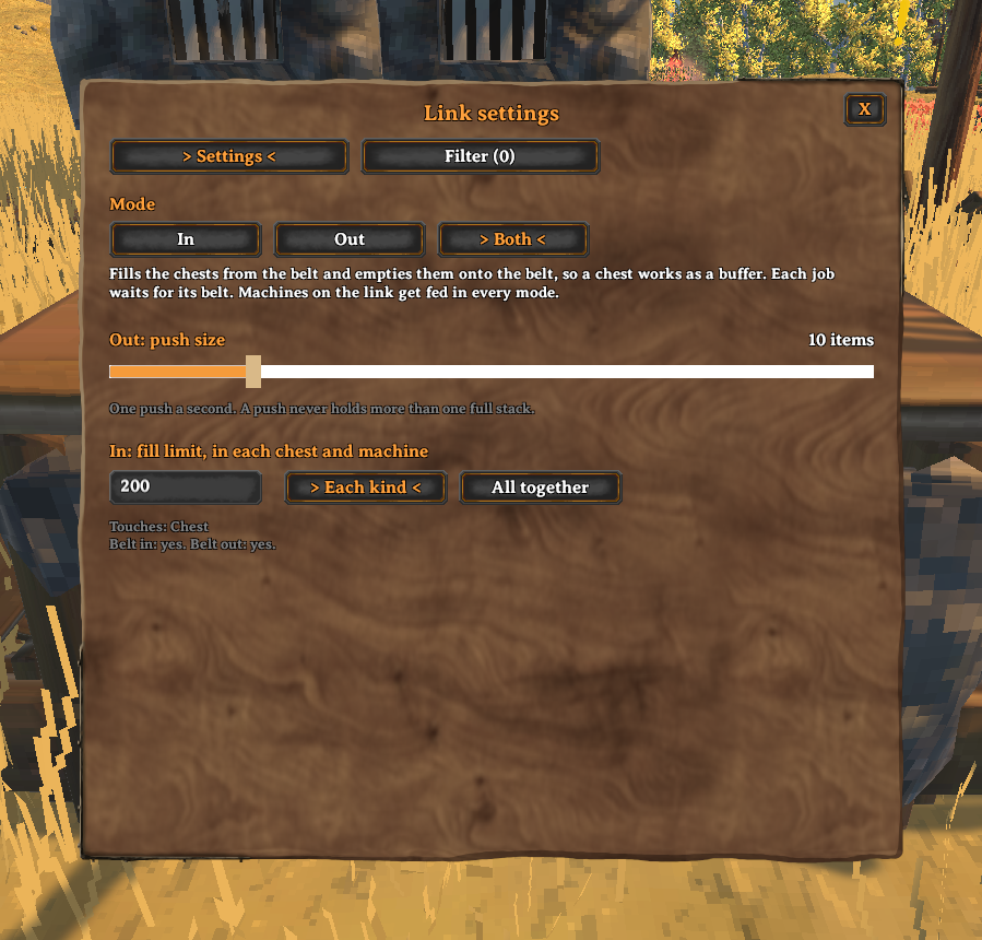 The link's settings window: mode Both, a push of 10 items, a fill limit of 200 of each kind