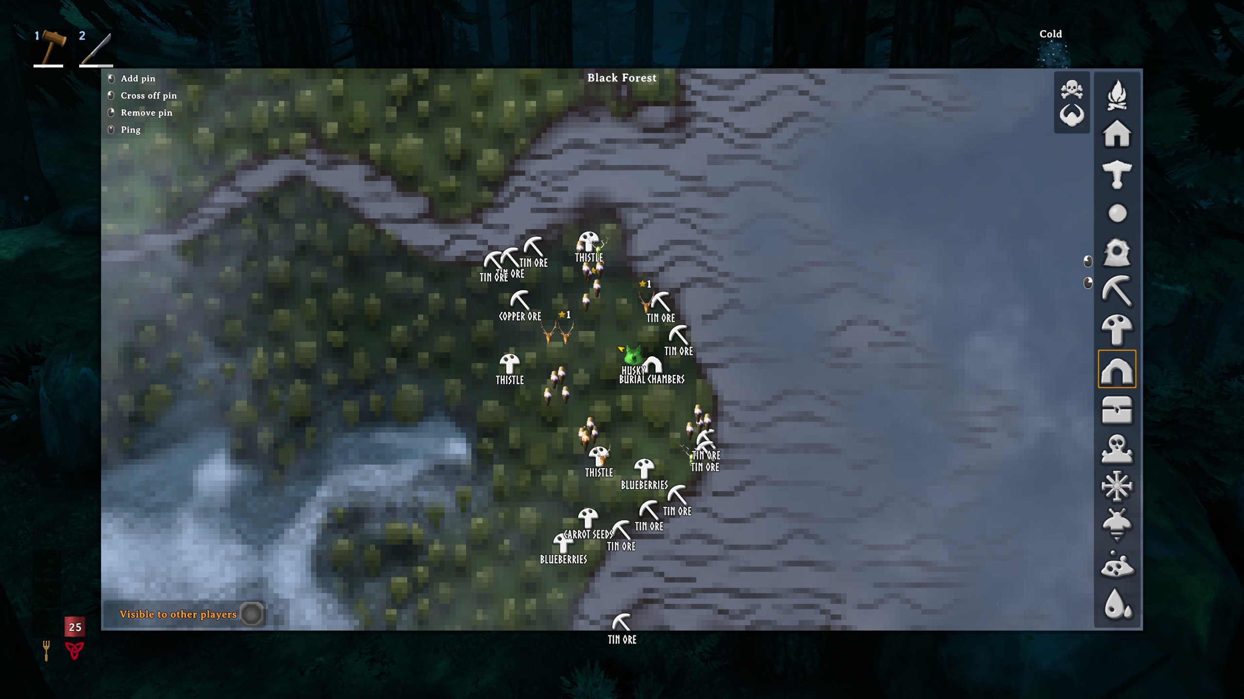The map, with creatures, resources and dungeons pinned