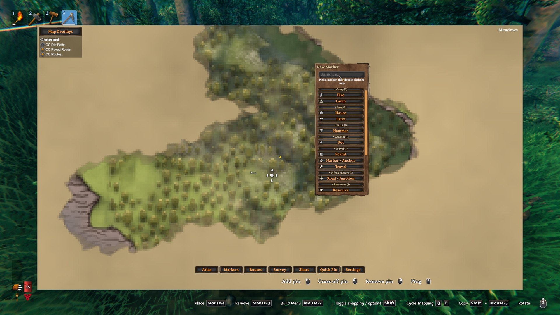 The New Marker palette listing categorized marker types such as Fire, Camp, House, Farm, Portal, Harbor and Road/Junction