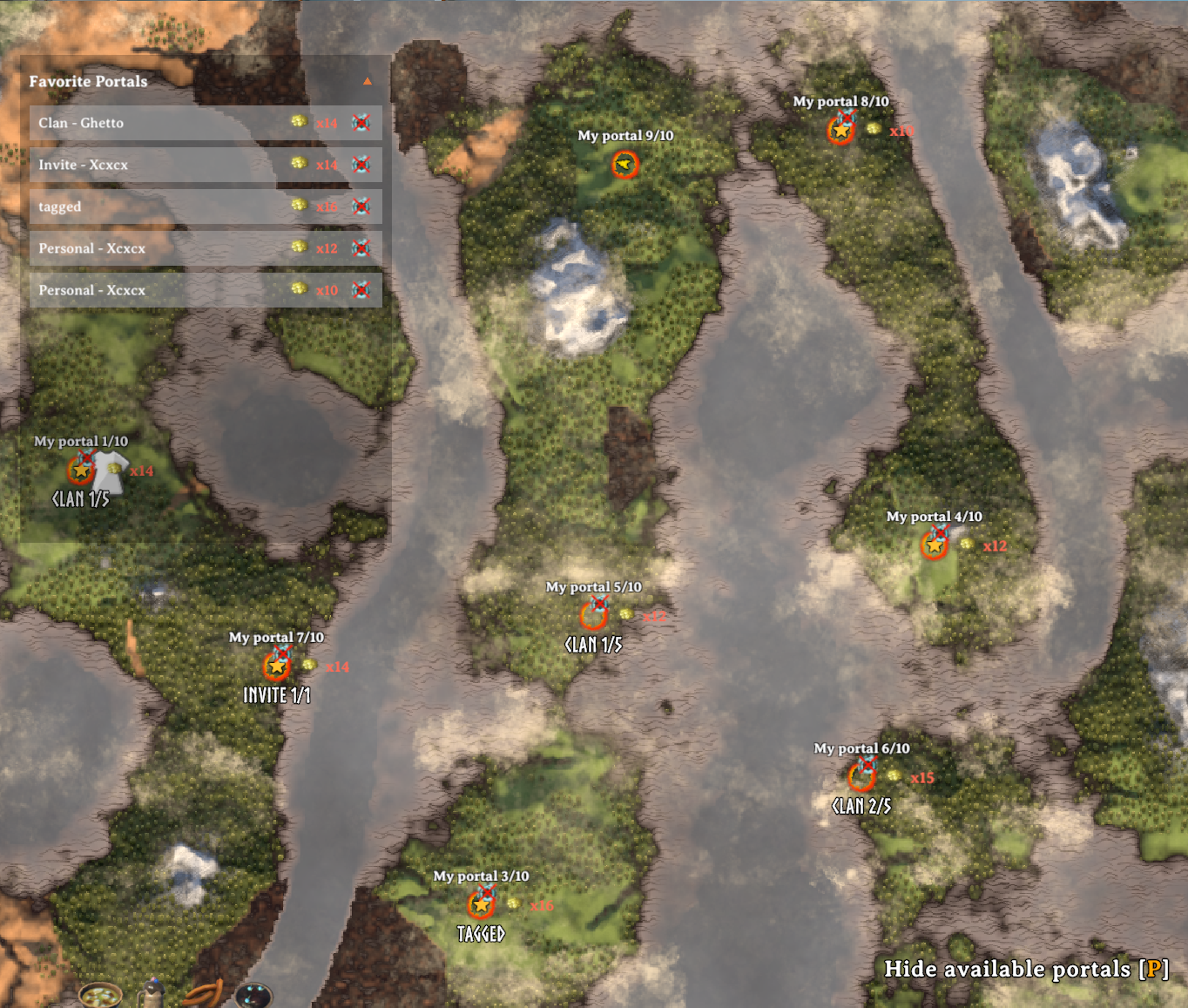 Portal destination map with available routes and favorites
