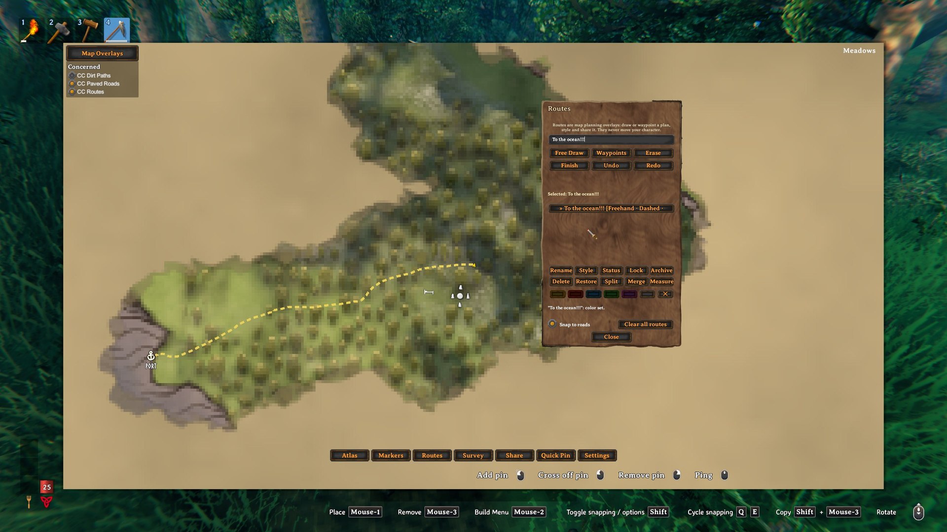 The Routes panel with a named freehand route drawn as a dashed line across the map to a port, with style, snap-to-roads and editing controls
