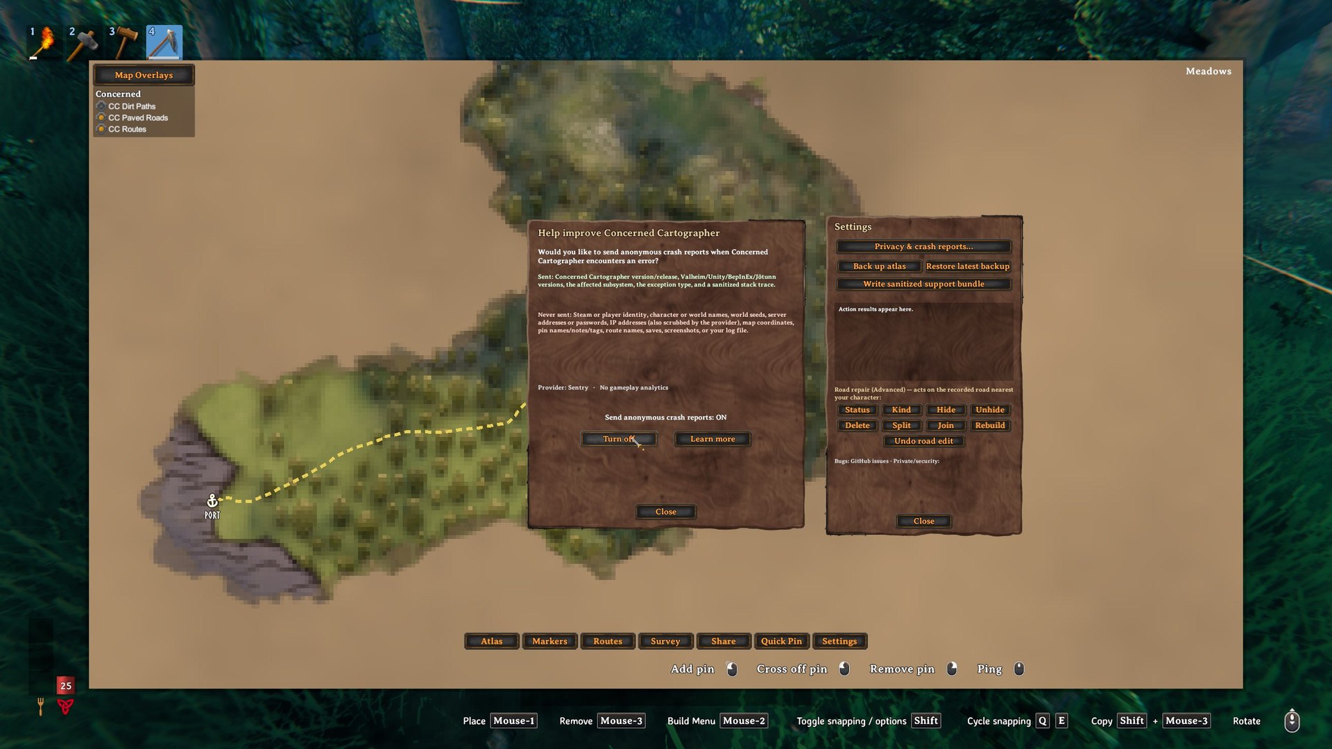 The Settings panel beside the crash-reporting consent dialog, which lists exactly what is and is not sent and offers a turn-off button