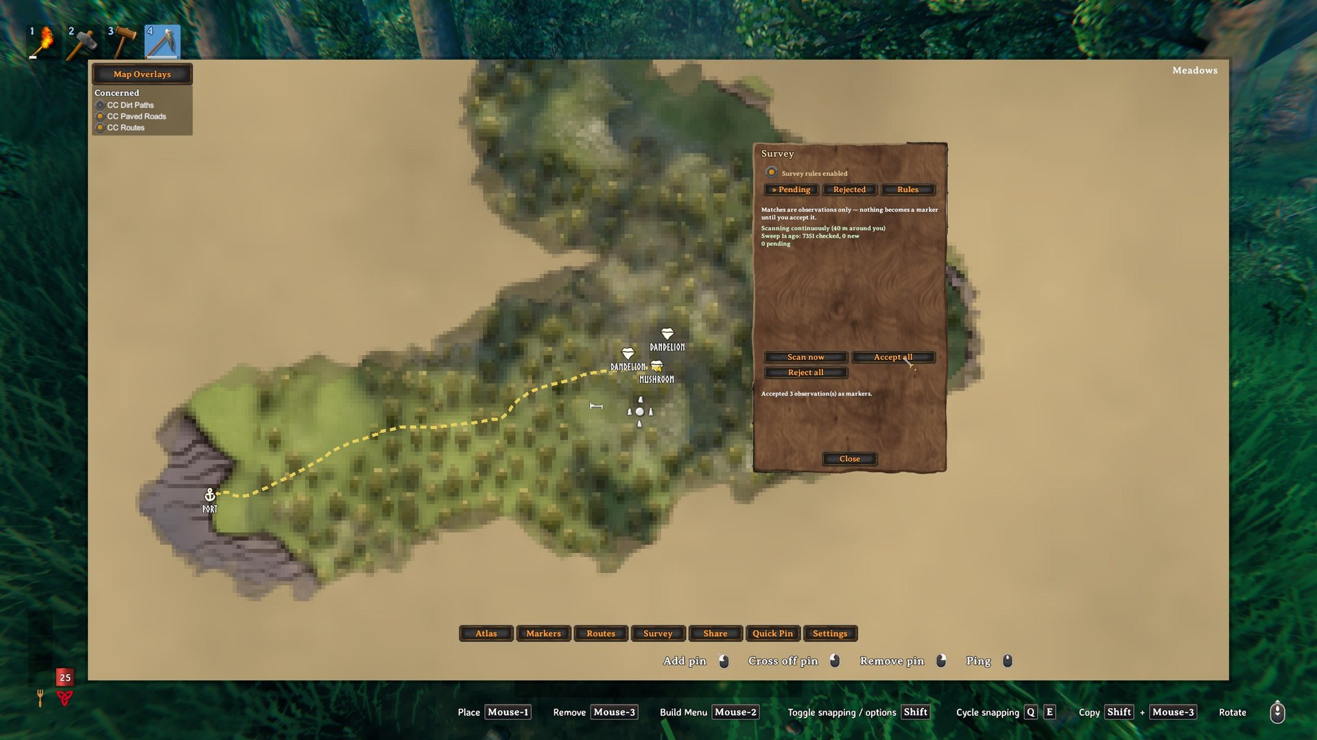 The Survey panel after accepting, with the accepted observations now visible as named markers on the map