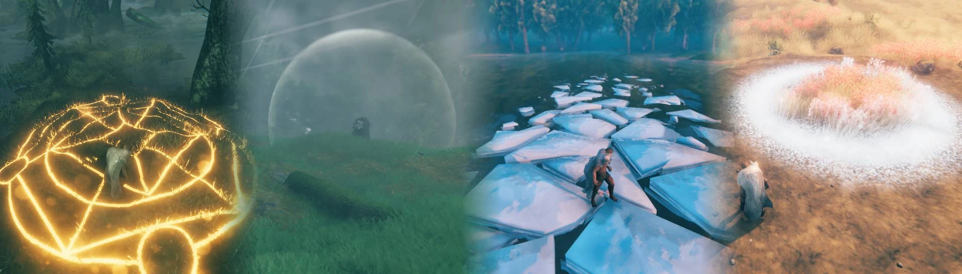 Four magical effects side-by-side: a golden glowing magic circle, a distant spherical forcefield in a storm, a man standing on a conjured ice floe in a bay, and an expanding ring of white light converting barren soil to grass.