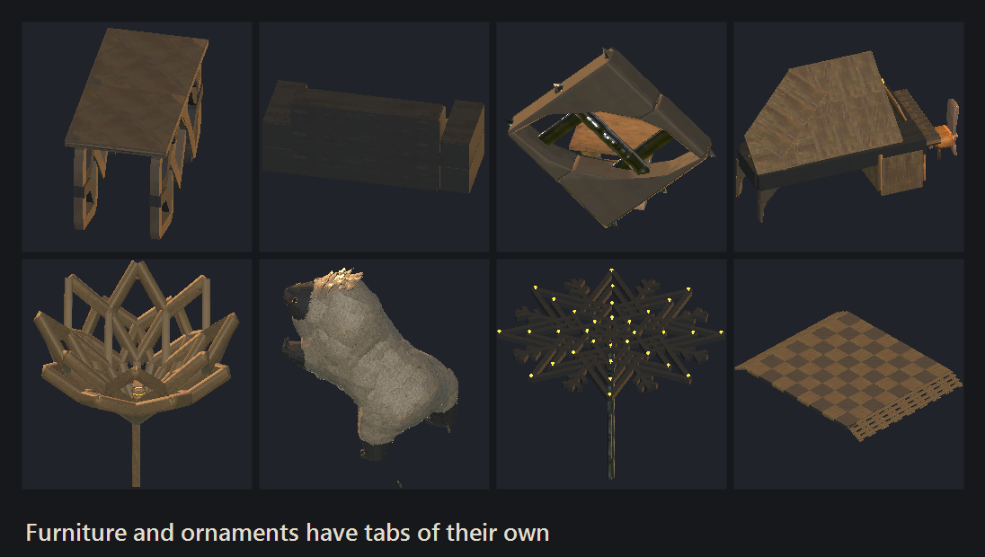 Furniture and ornaments have tabs of their own