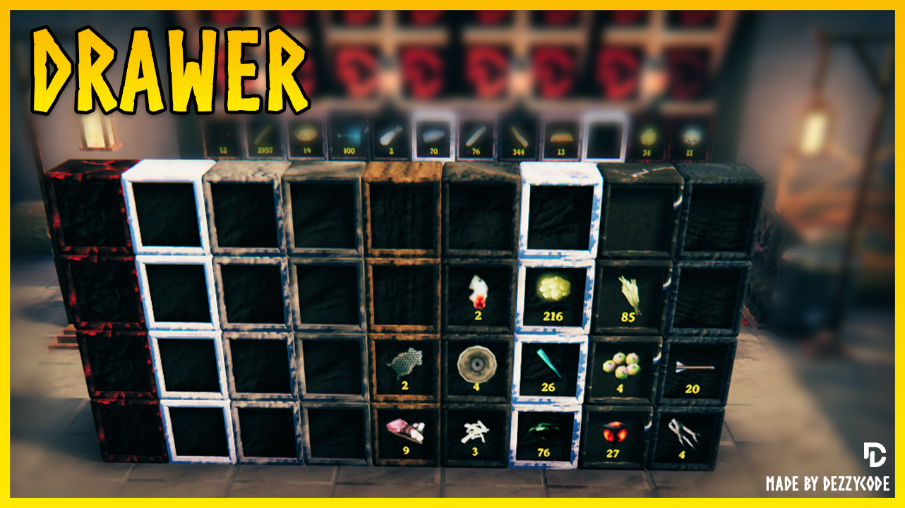 A wall of item drawers, each showing what it holds and how much
