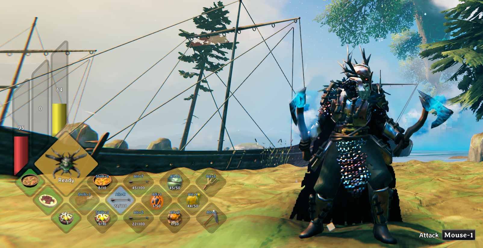 The BetrValheim HUD: health, eitr and stamina, the forsaken power, food and the BetrValheim Slots