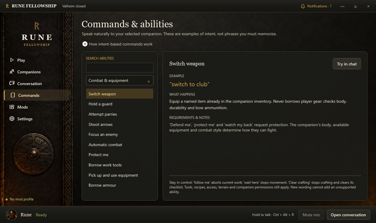 Rune commands screen