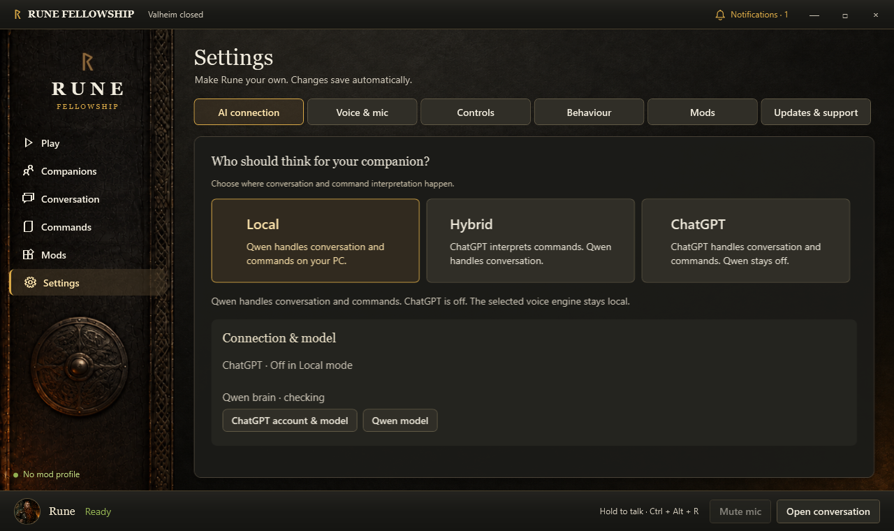 Rune AI settings
